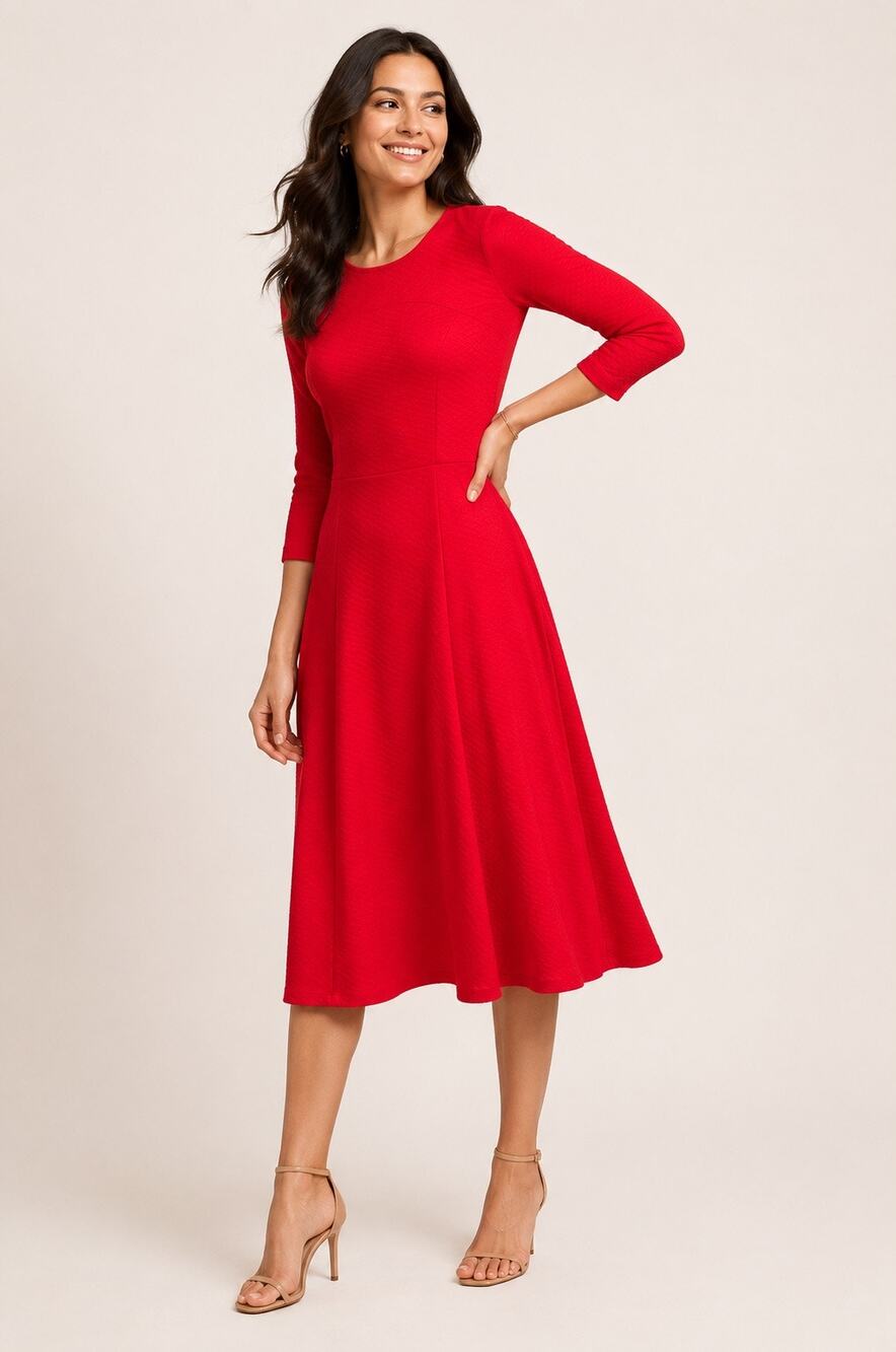 Boden Red Textured Fit & Flare A-Line Dress 3/4 Sleeve Classic Party Knit Size 6